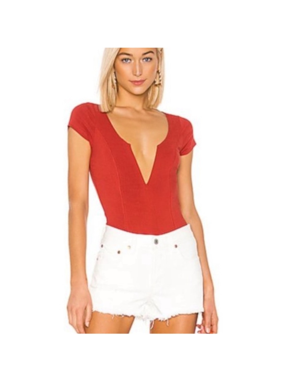 Free People Deep Conversations Rust Red Deep V Short Sleeve Bodysuit - Picture 4 of 11